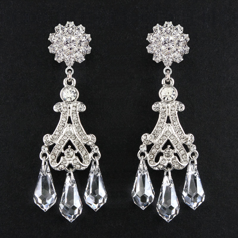 Victorian Chandelier Earrings with Crystal Drops - flower top