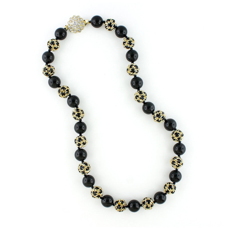 Black Pearl & Rhinestone Bead Necklace - Gold plate