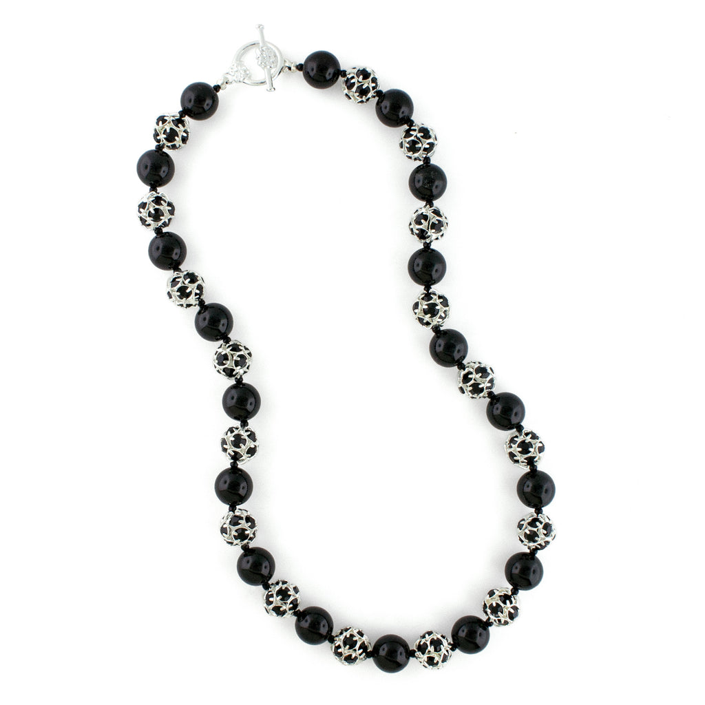 Black Pearl & Rhinestone Bead Necklace - toggle clasp