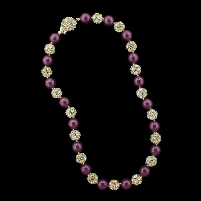 Purple pearl and gold rhinestone bead necklace