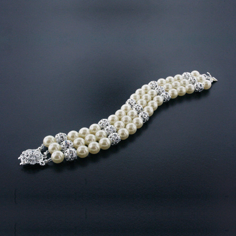 3 Row Pearl Bracelet with Crystal Accents