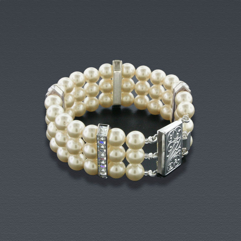 3 Row Antique Pearl Bracelet with Princess Cut Crystals
