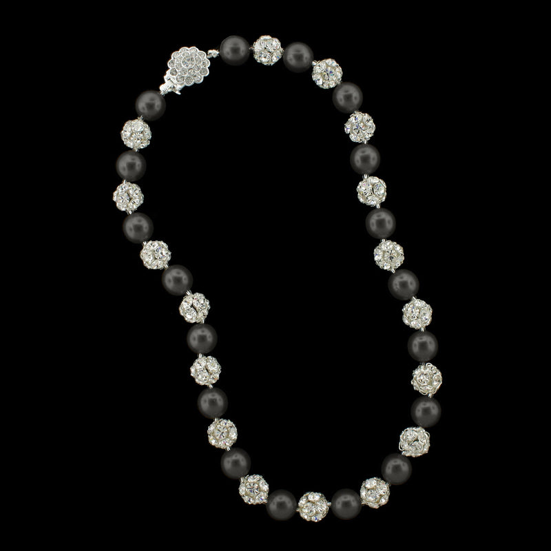 Black pearl and silver rhinestone bead necklace