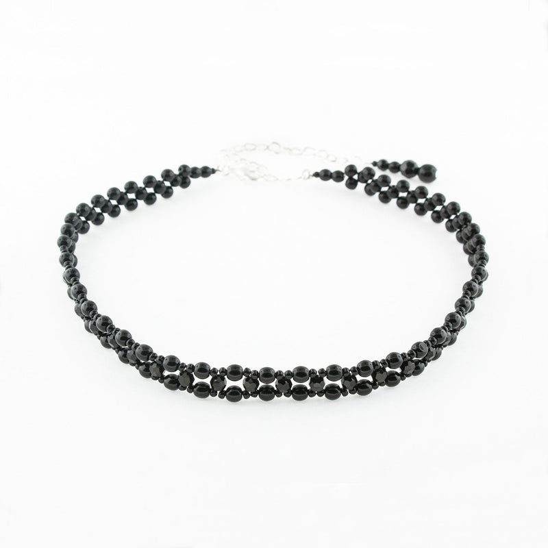 Woven Pearl & Crystal Choker Necklace - black