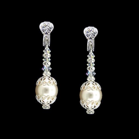 Bridal Earrings with Pearl, Crystal & Filigree - clip