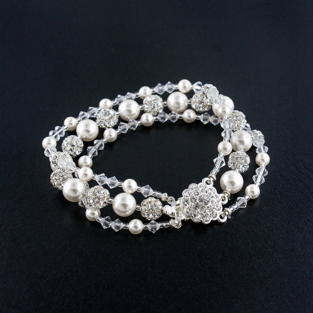Three Row Beaded Wedding Bracelet - White Pearl