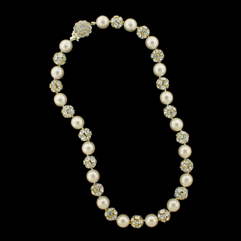 Cream pearl and gold rhinestone bead necklace
