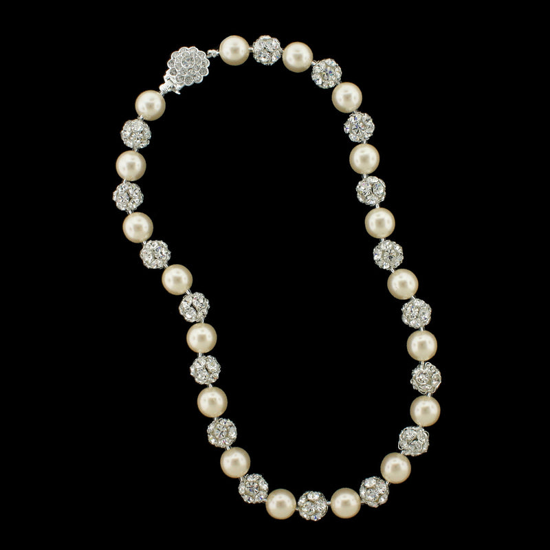 Cream pearl and silver rhinestone bead necklace