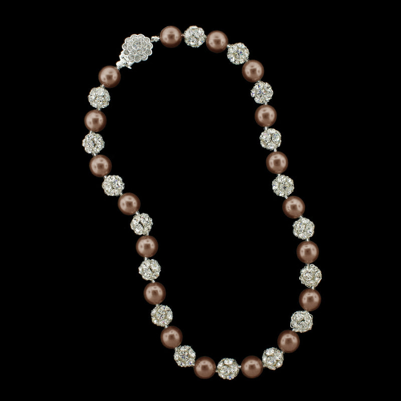 Dark brown pearl and silver rhinestone bead necklace