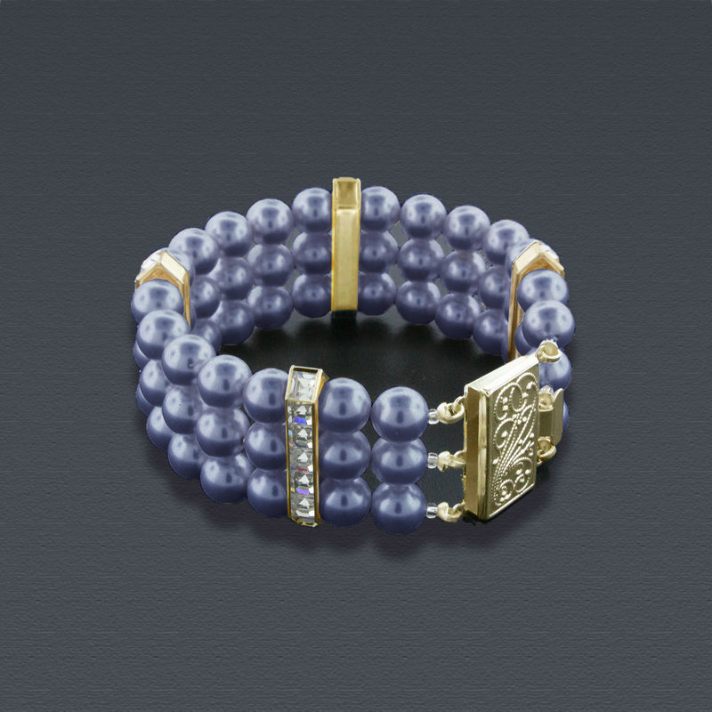 3 Row Pearl Bracelet with Princess Cut Crystals - Gold
