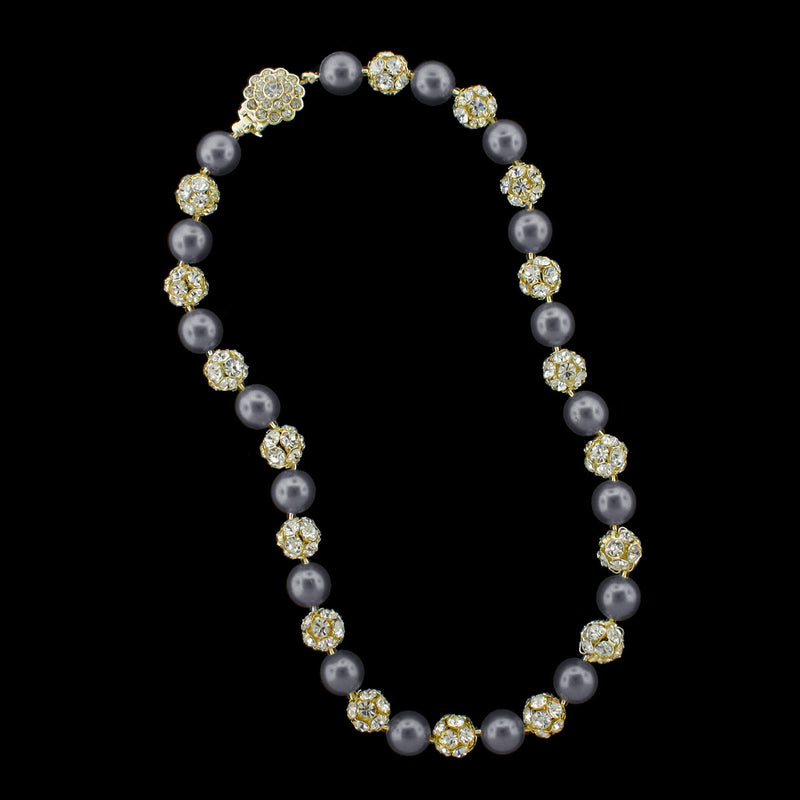 Dark grey pearl and gold rhinestone bead necklace