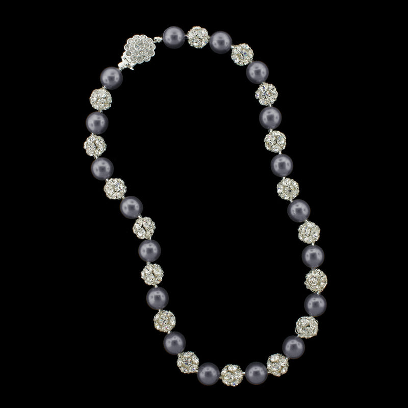 Dark grey pearl and silver rhinestone bead necklace