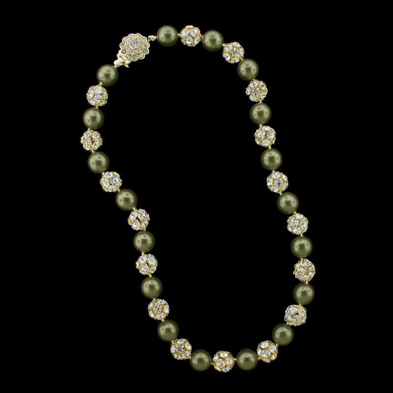 dark olive pearl and gold rhinestone bead necklace