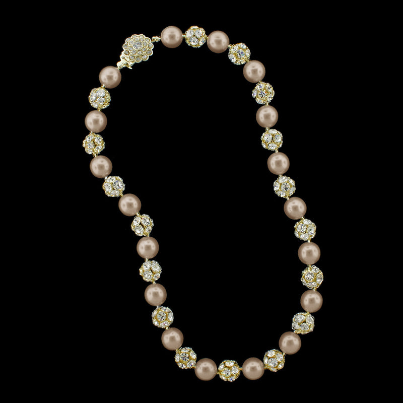 Dark rose pearl and gold rhinestone bead necklace