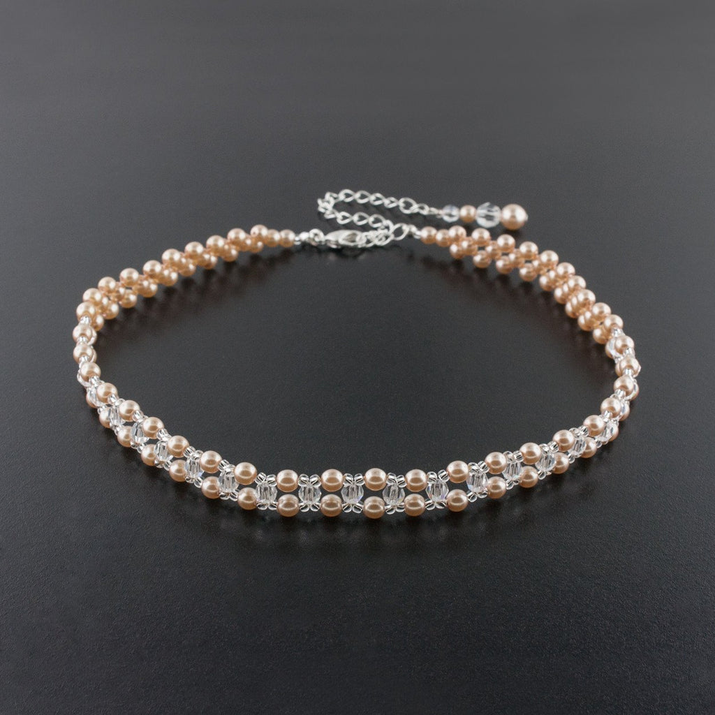 Woven Pearl & Crystal Choker Necklace - dark rose