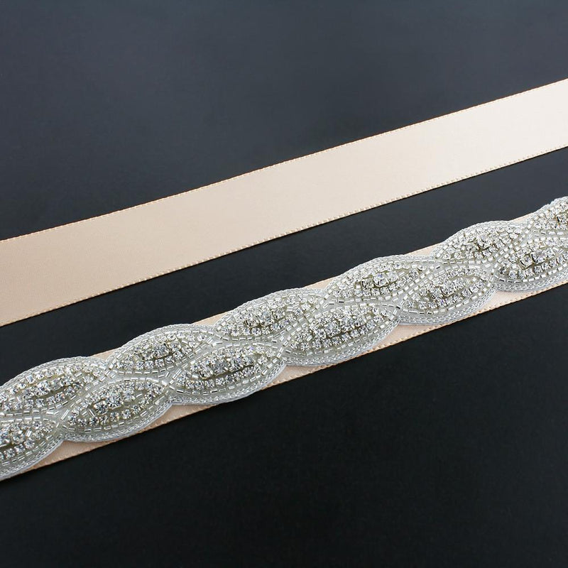 Crystal Bridal Sash with Braided Pattern - ivory ribbon