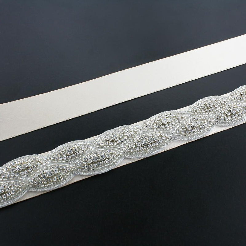 Crystal Bridal Sash with Braided Pattern - white ribbon