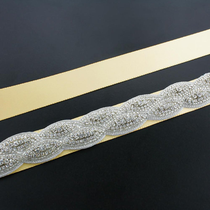 Crystal Bridal Sash with Braided Pattern - yellow ribbon