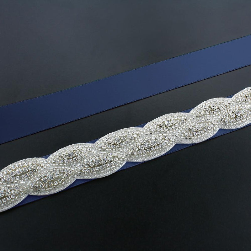 Crystal Bridal Sash with Braided Pattern - dark blue ribbon