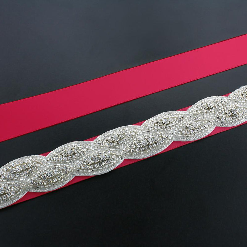 Crystal Bridal Sash with Braided Pattern - red ribbon