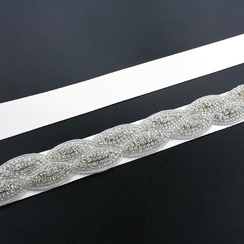 Crystal Bridal Sash with Braided Pattern - off white ribbon