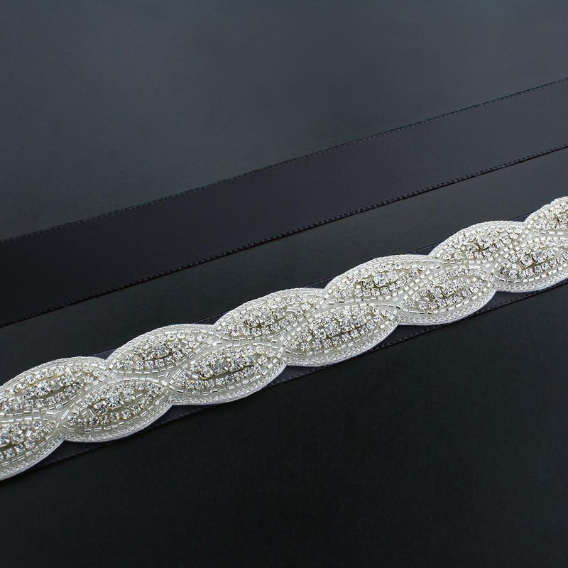 Crystal Bridal Sash with Braided Pattern - black ribbon