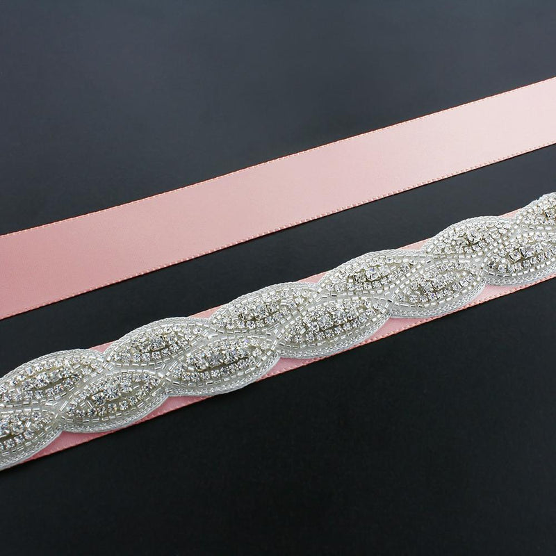 Crystal Bridal Sash with Braided Pattern - light pink ribbon