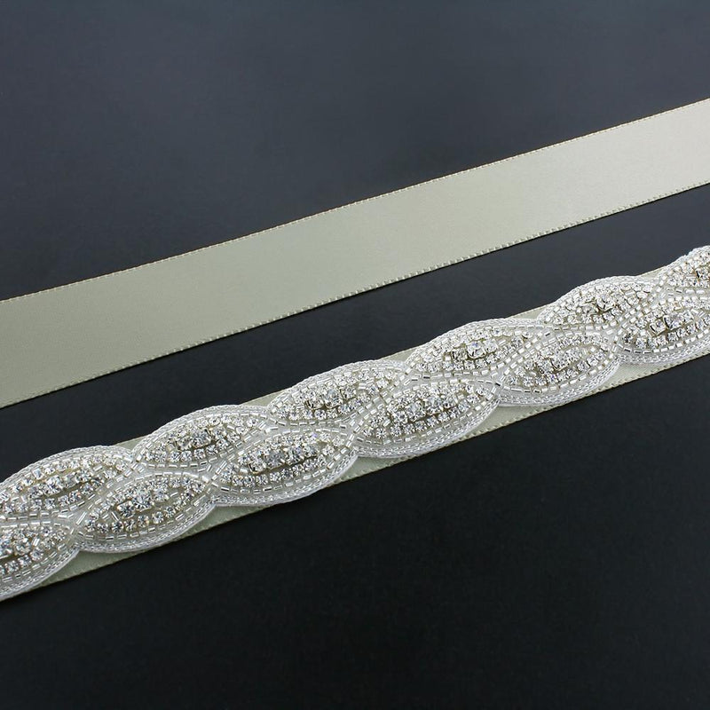 Crystal Bridal Sash with Braided Pattern - coffee ribbon