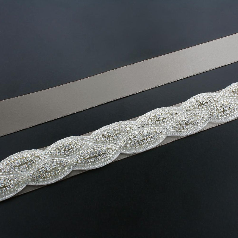 Crystal Bridal Sash with Braided Pattern - gray ribbon