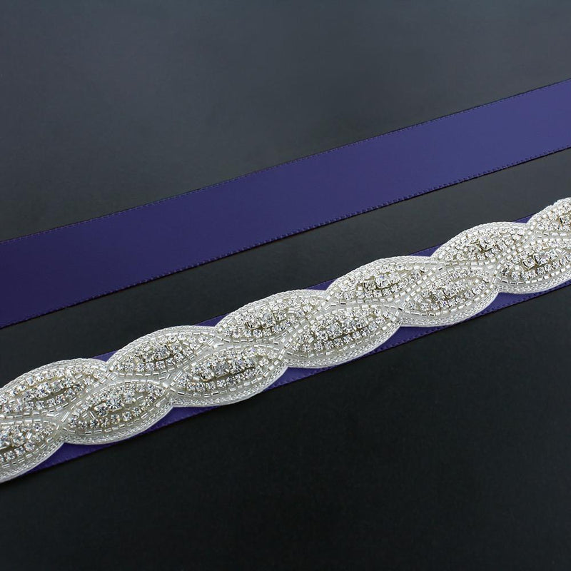 Crystal Bridal Sash with Braided Pattern - deep blue ribbon