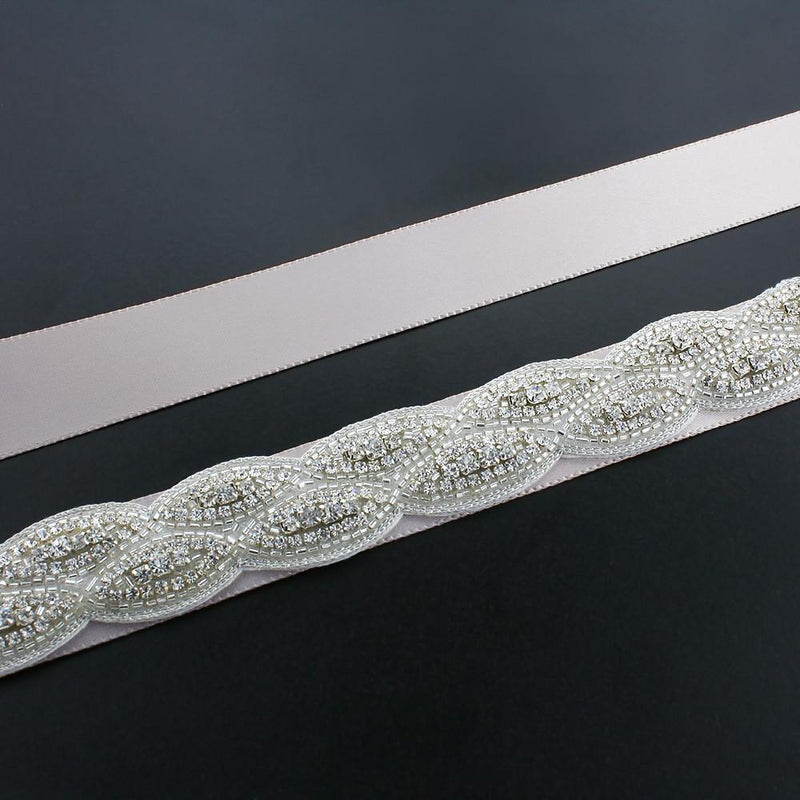 Crystal Bridal Sash with Braided Pattern - light gray ribbon