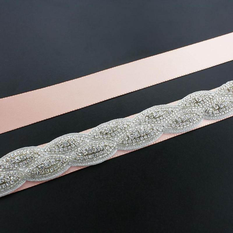 Crystal Bridal Sash with Braided Pattern - blush ribbon