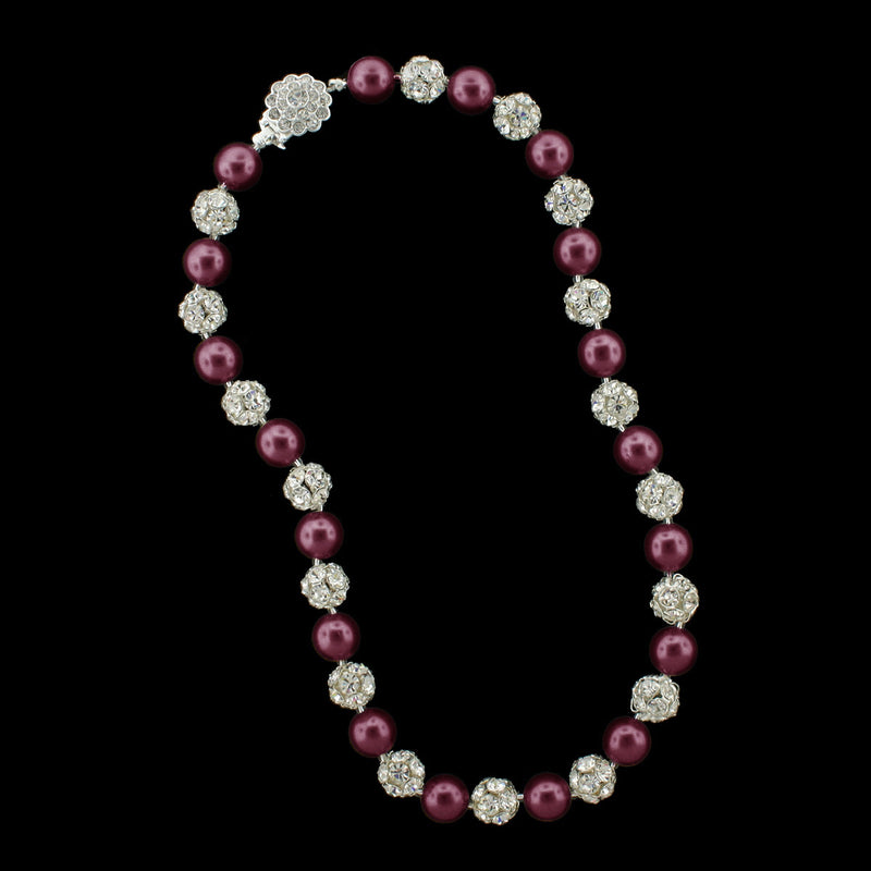 Garnet pearl and silver rhinestone bead necklace