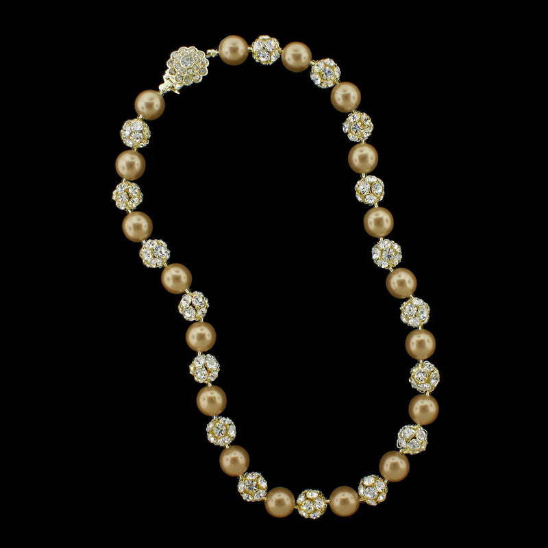 Gold pearl and gold rhinestone bead necklace