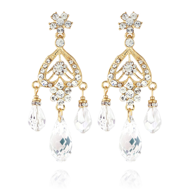Briolette Chandelier Earrings - Clear, gold