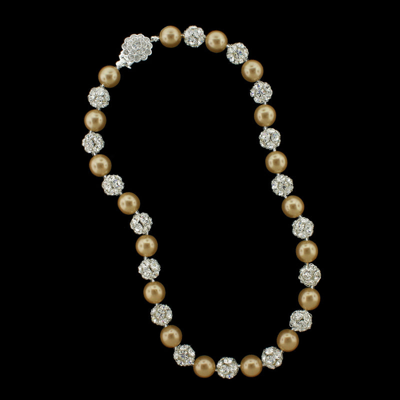 Gold pearl and silver rhinestone bead necklace