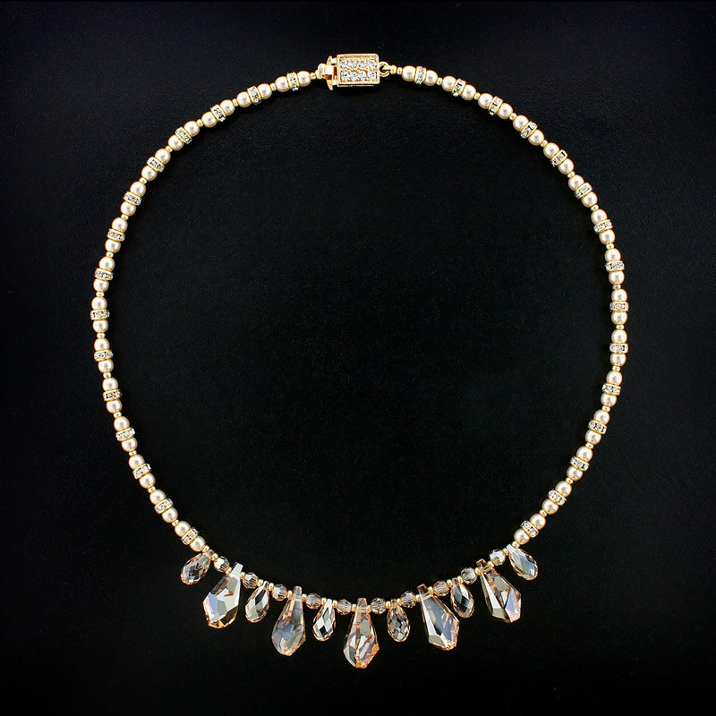 Multi-Drop Crystal Necklace with Pearls - champagne