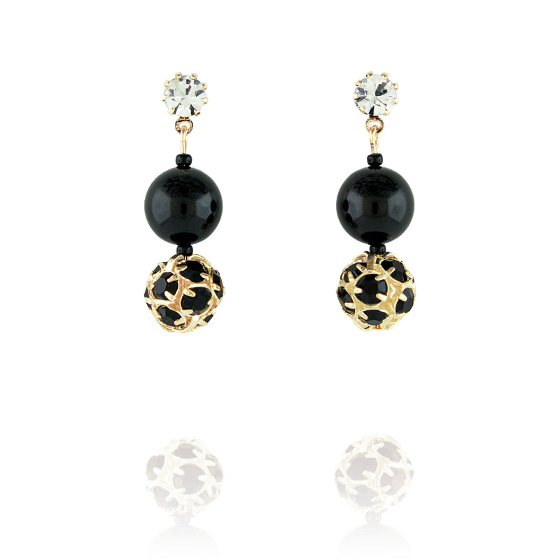 Black Pearl & Rhinestone Bead Earrings - short, gold plate