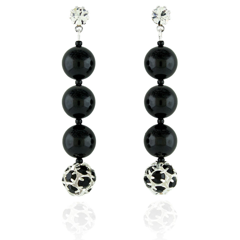Black Pearl & Rhinestone Bead Earrings - long