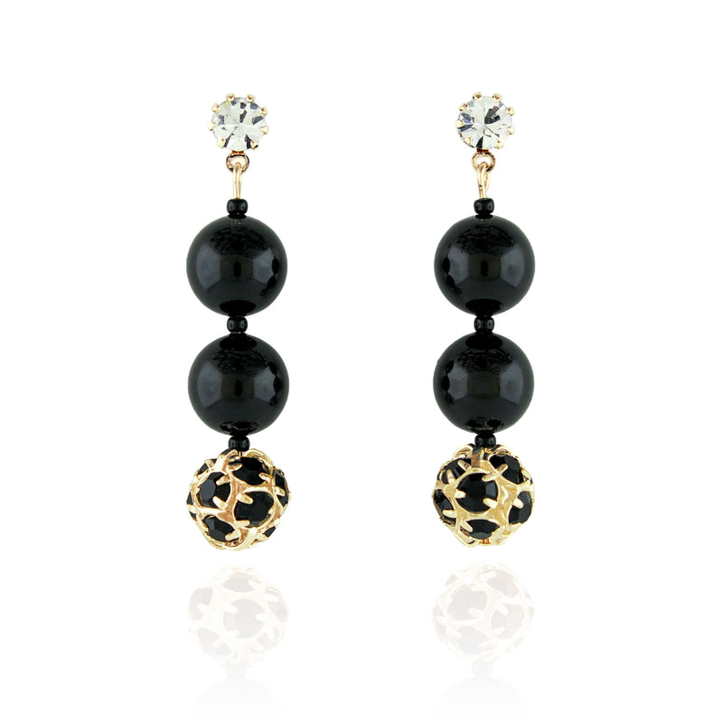Black Pearl & Rhinestone Bead Earrings - gold plate