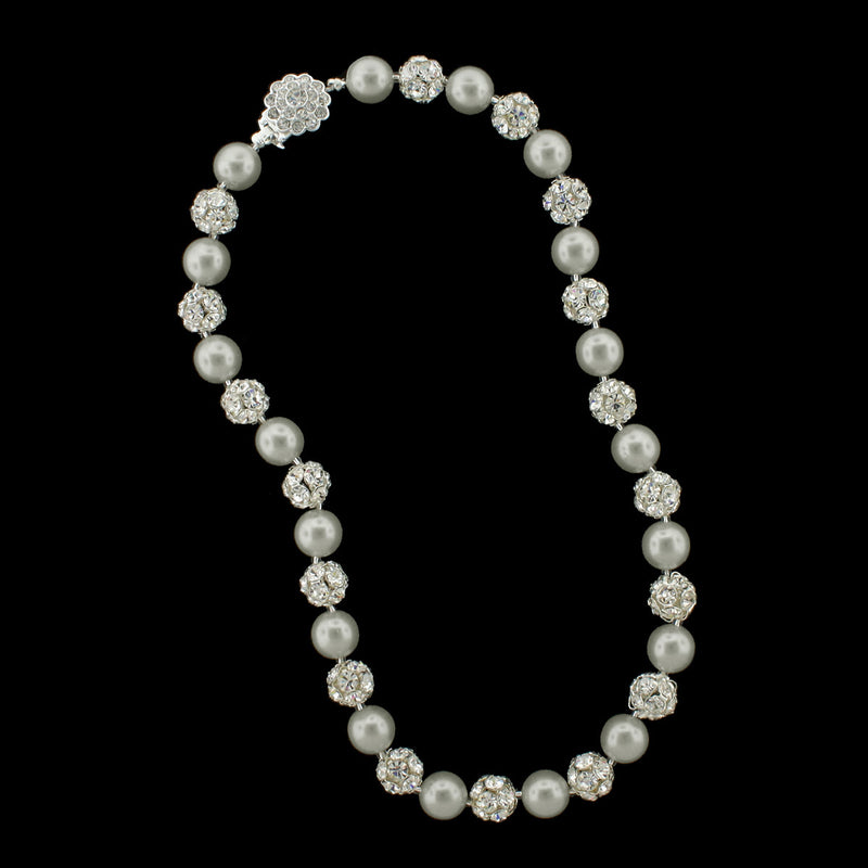 Light grey pearl and silver rhinestone bead necklace