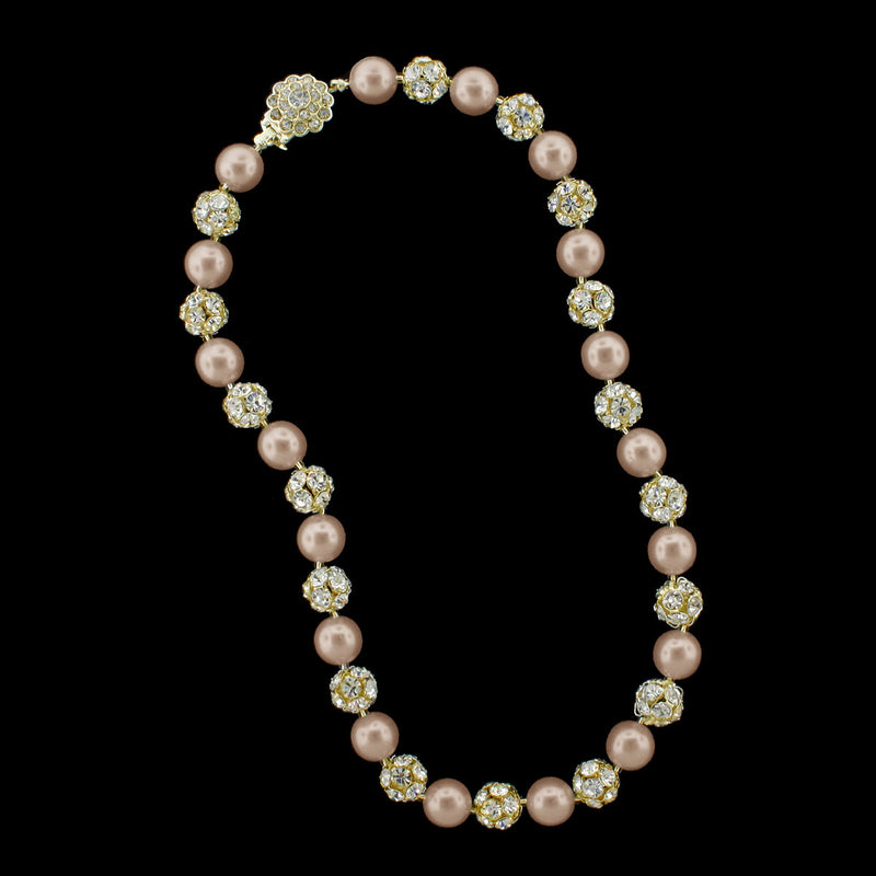 Light rose pearl and gold rhinestone bead necklace