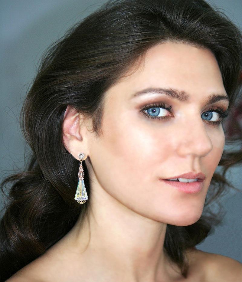 Modern Iridescent Rose Gold Earrings on model