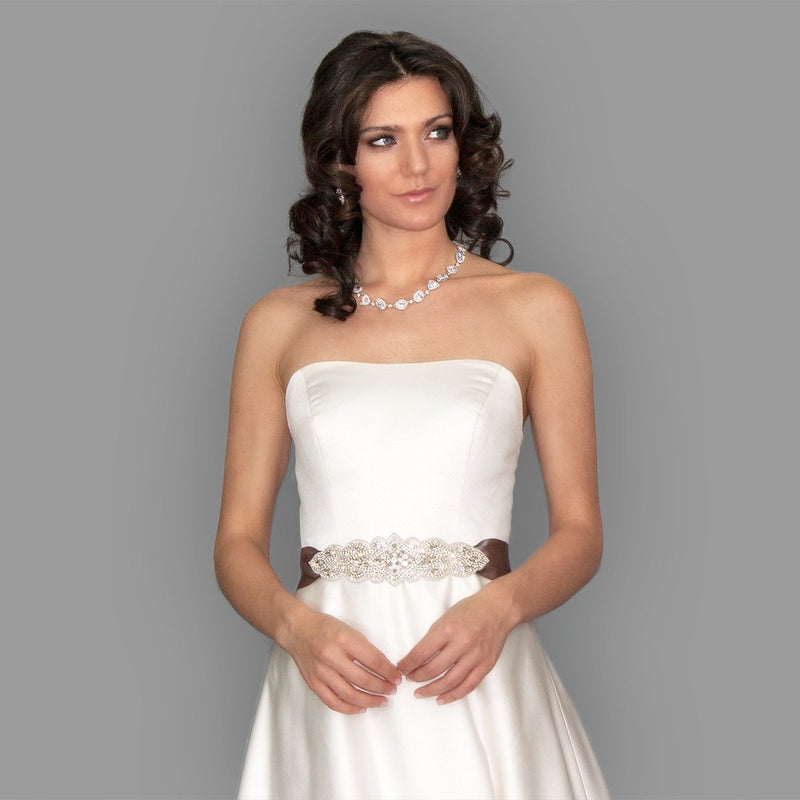 Bridal Sash with Tapered Rhinestone Applique on model
