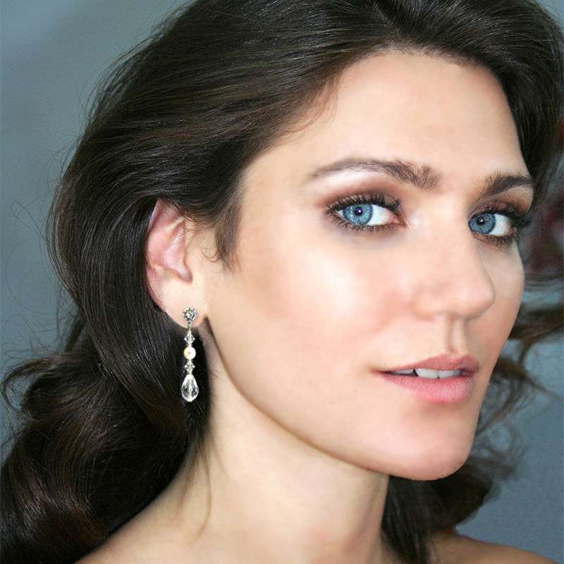 Crystal Drop Earrings with Pearl Center on model