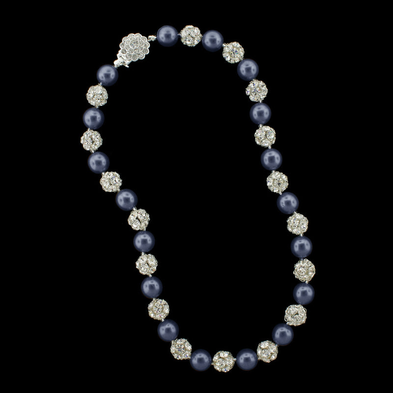 Navy pearl and silver rhinestone bead necklace