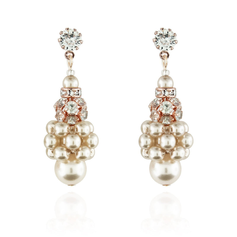 Pearl Cluster Earrings with Rhinestone Beads - cream, rose gold