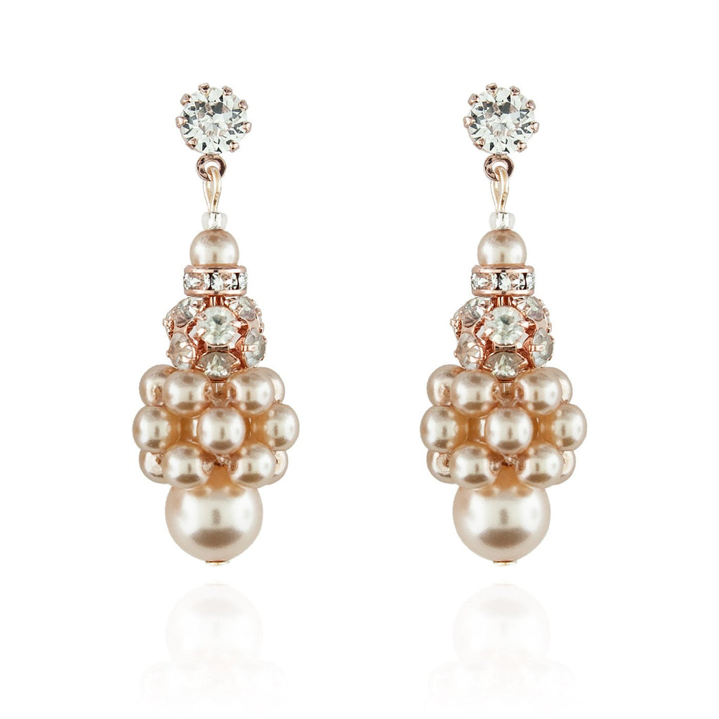 Pearl Cluster Earrings with Rhinestone Beads - Dark rose, rose gold