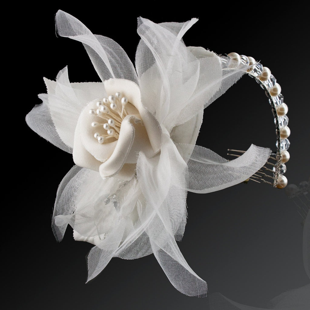 Pearl & Crystal Headband with Silk Flower - side view