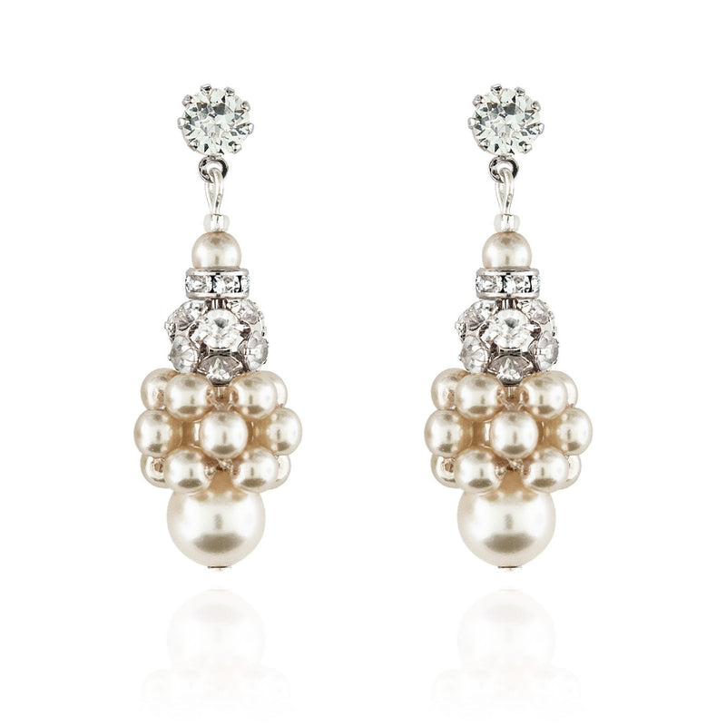 Pearl Cluster Earrings with Rhinestone Beads - cream, silver